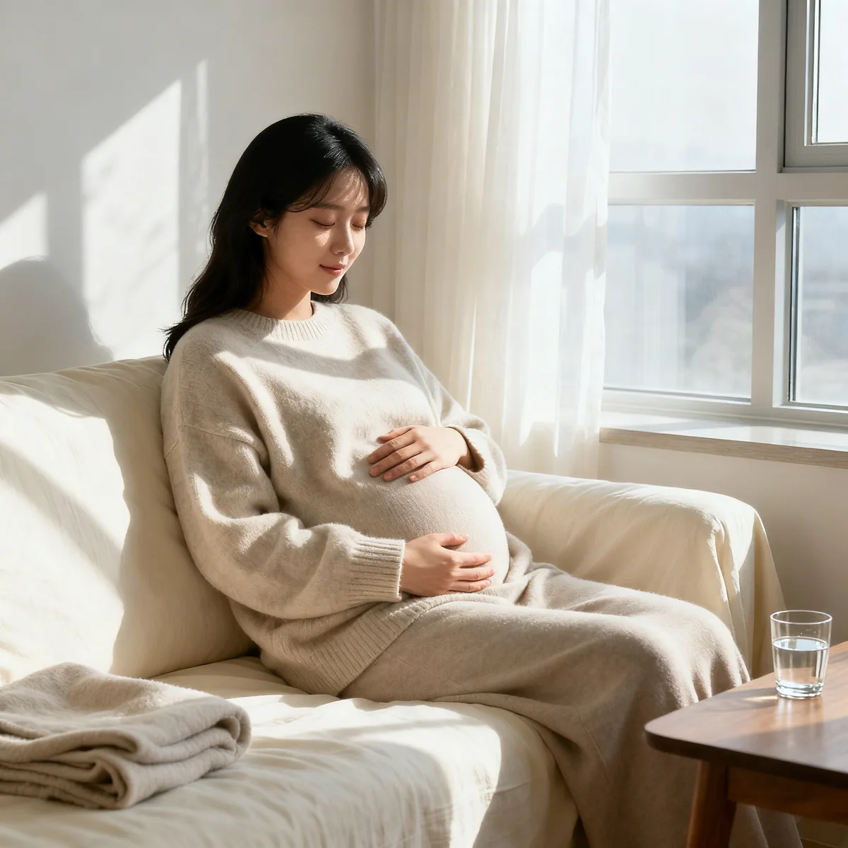 Pregnant woman at 11 weeks resting hand on belly by window light