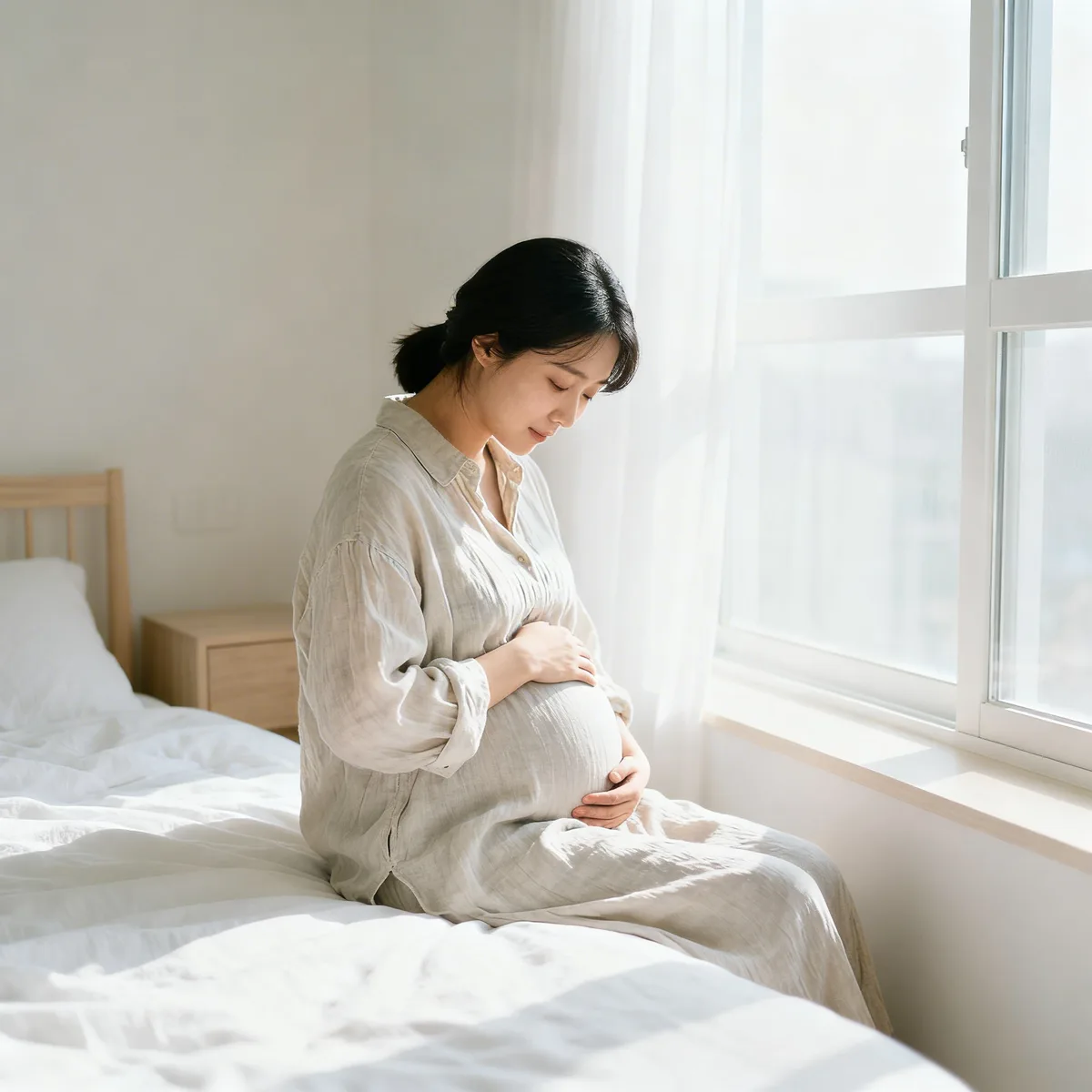 Korean pregnant woman at 13 weeks in bright bedroom light, hand on belly, peaceful second trimester moment