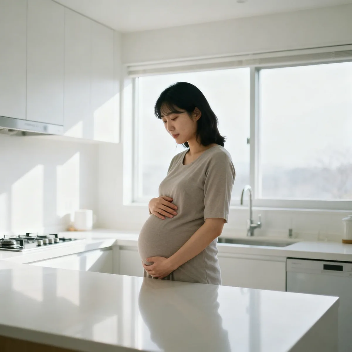 Pregnant woman at 17 weeks touching belly in bright kitchen light