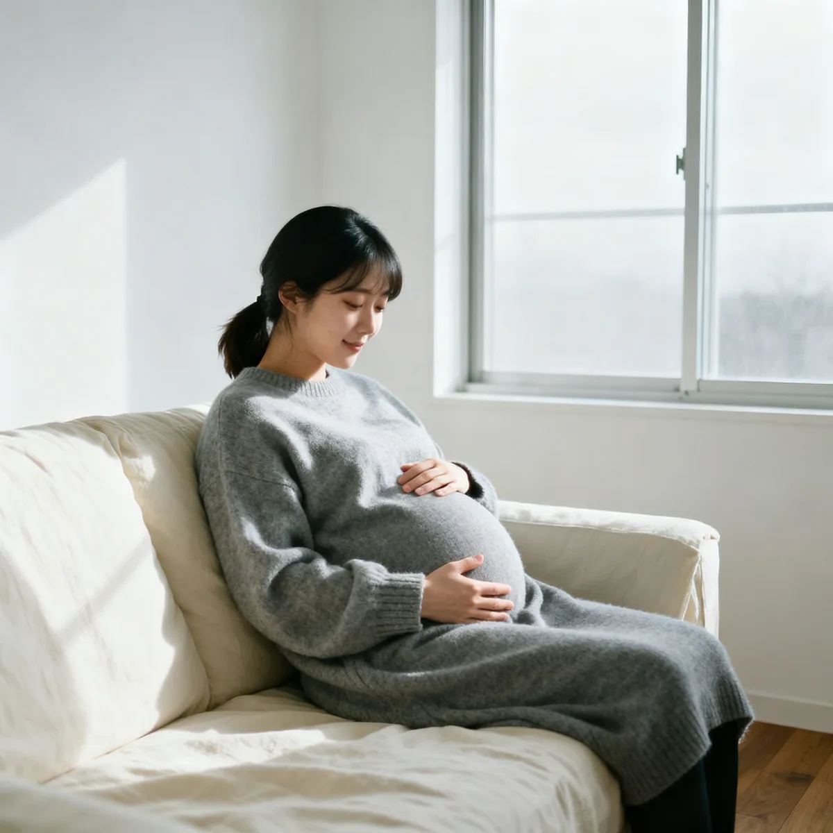 Pregnant woman at 21 weeks feeling baby movements on cream sofa by window