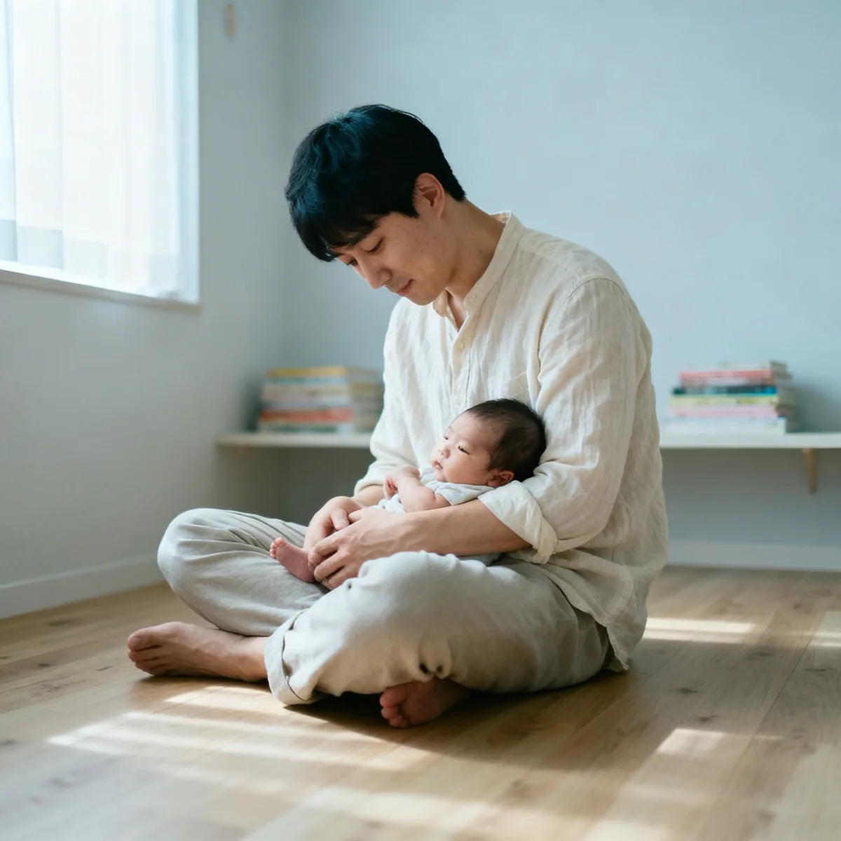 Korean father holding newborn son in nursery with soft window light