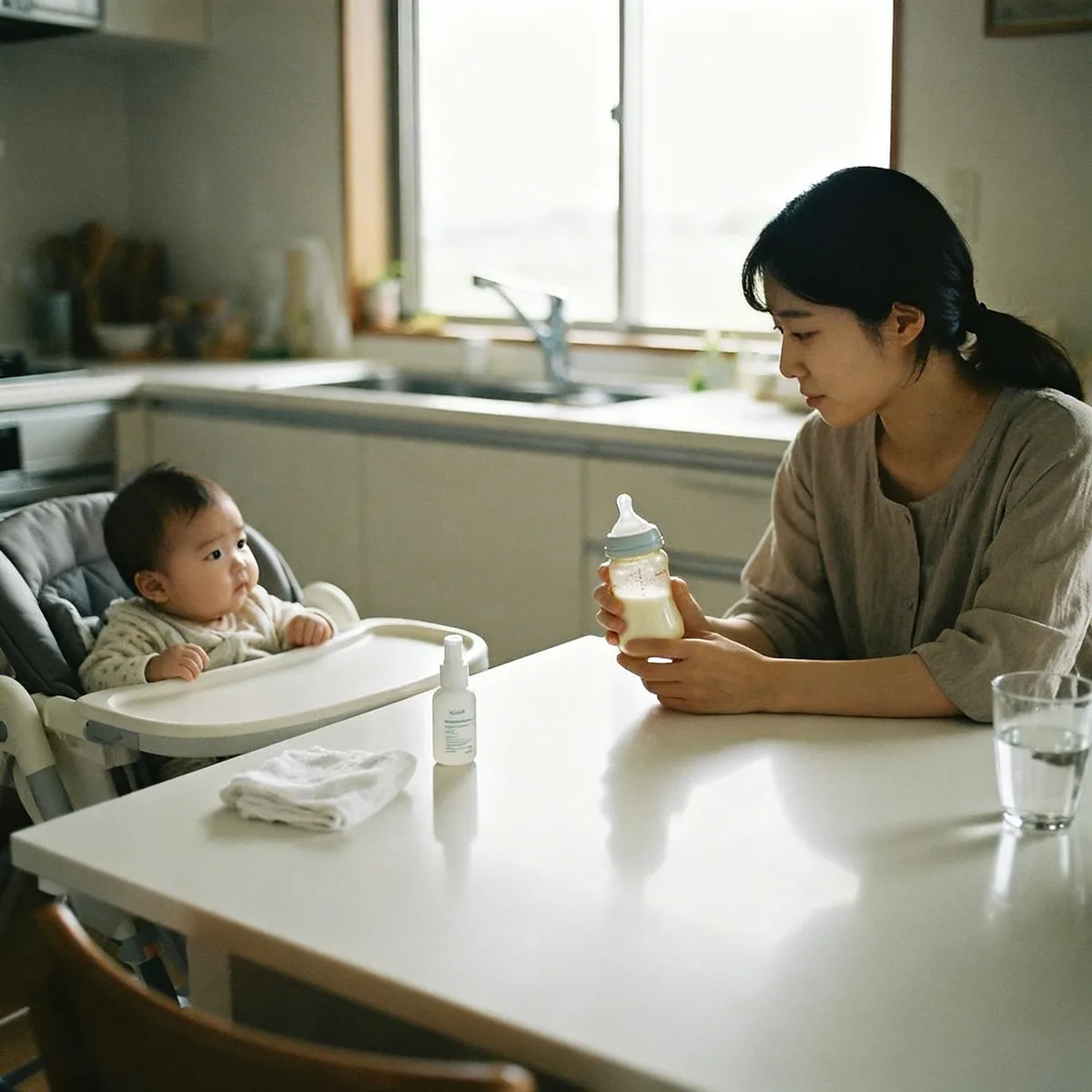 Korean mother carefully preparing baby formula at kitchen counter during afternoon light