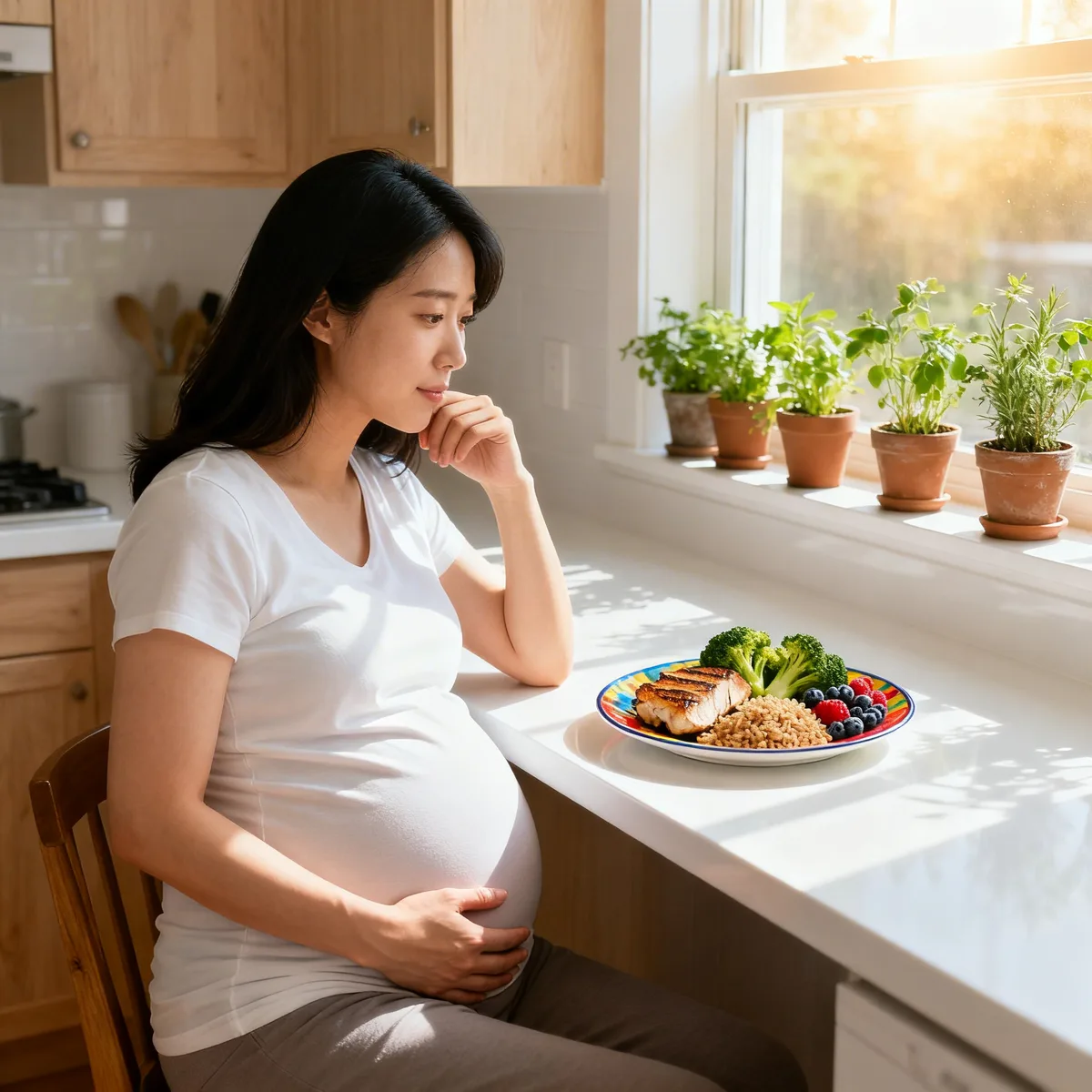 Pregnant woman reviewing balanced meal plate for gestational diabetes diet
