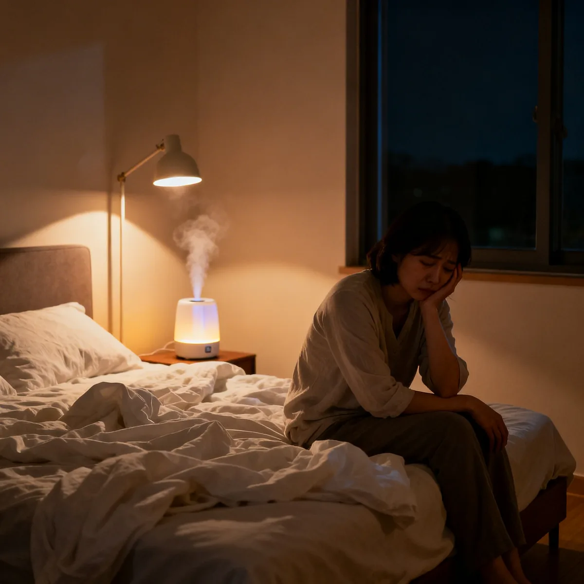 Tired Korean mother at 3am during 12 month sleep regression, sitting on bed in warm lamplight