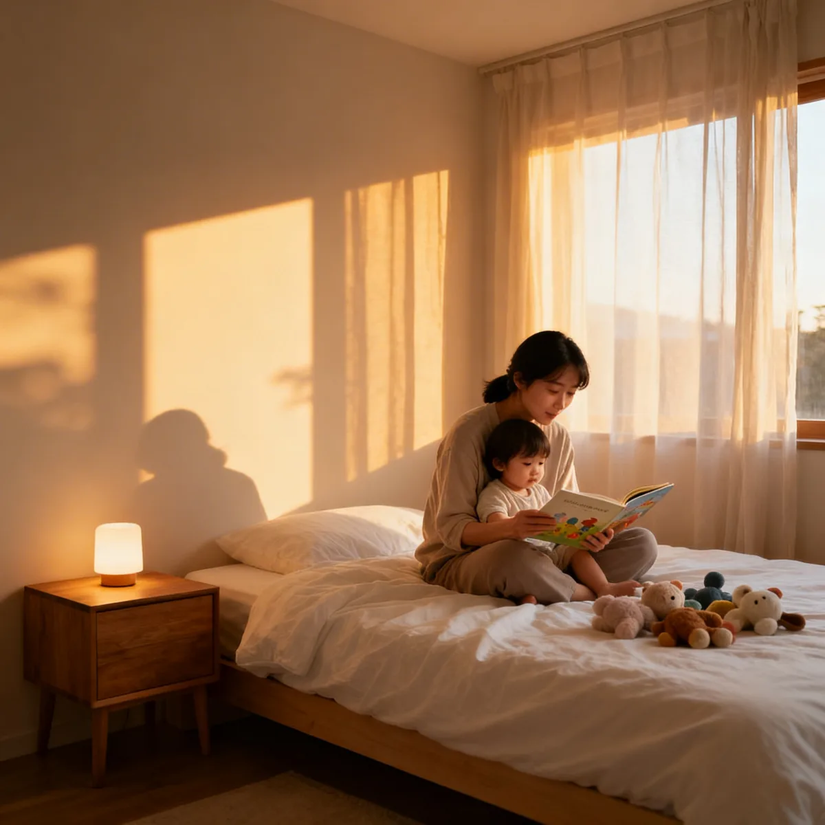 Korean mother reading bedtime story to toddler in soft evening light