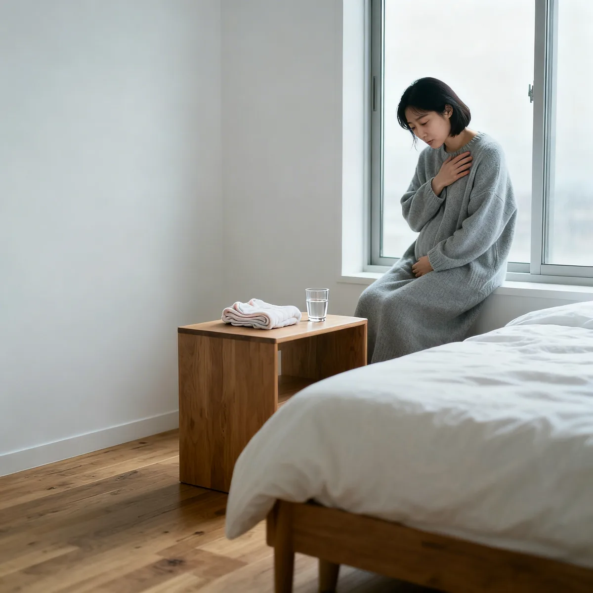 Korean mother in grey sweater by window, hand on chest, contemplative postpartum moment
