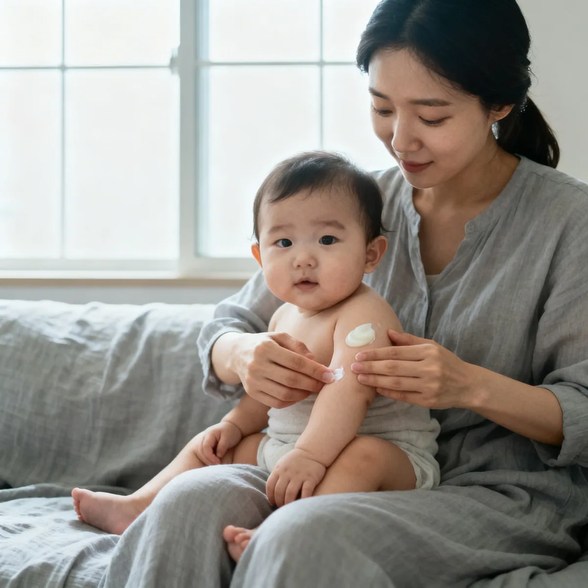 Korean mother applying baby eczema treatment cream to infant's skin on couch