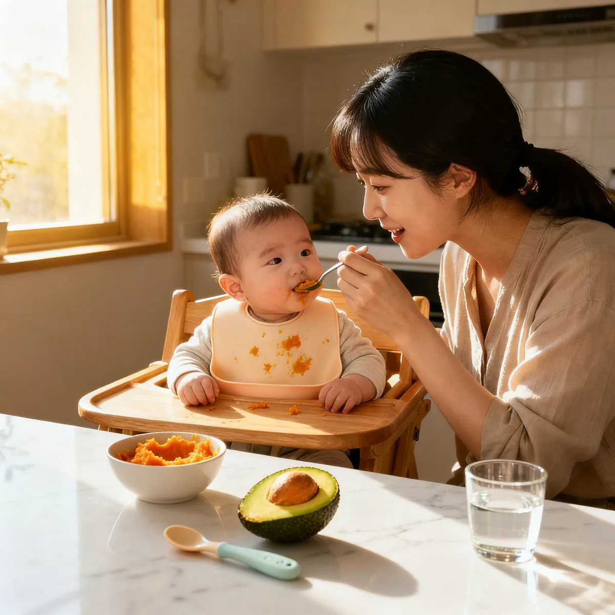 Korean mother feeding baby high iron foods at wooden high chair in bright kitchen