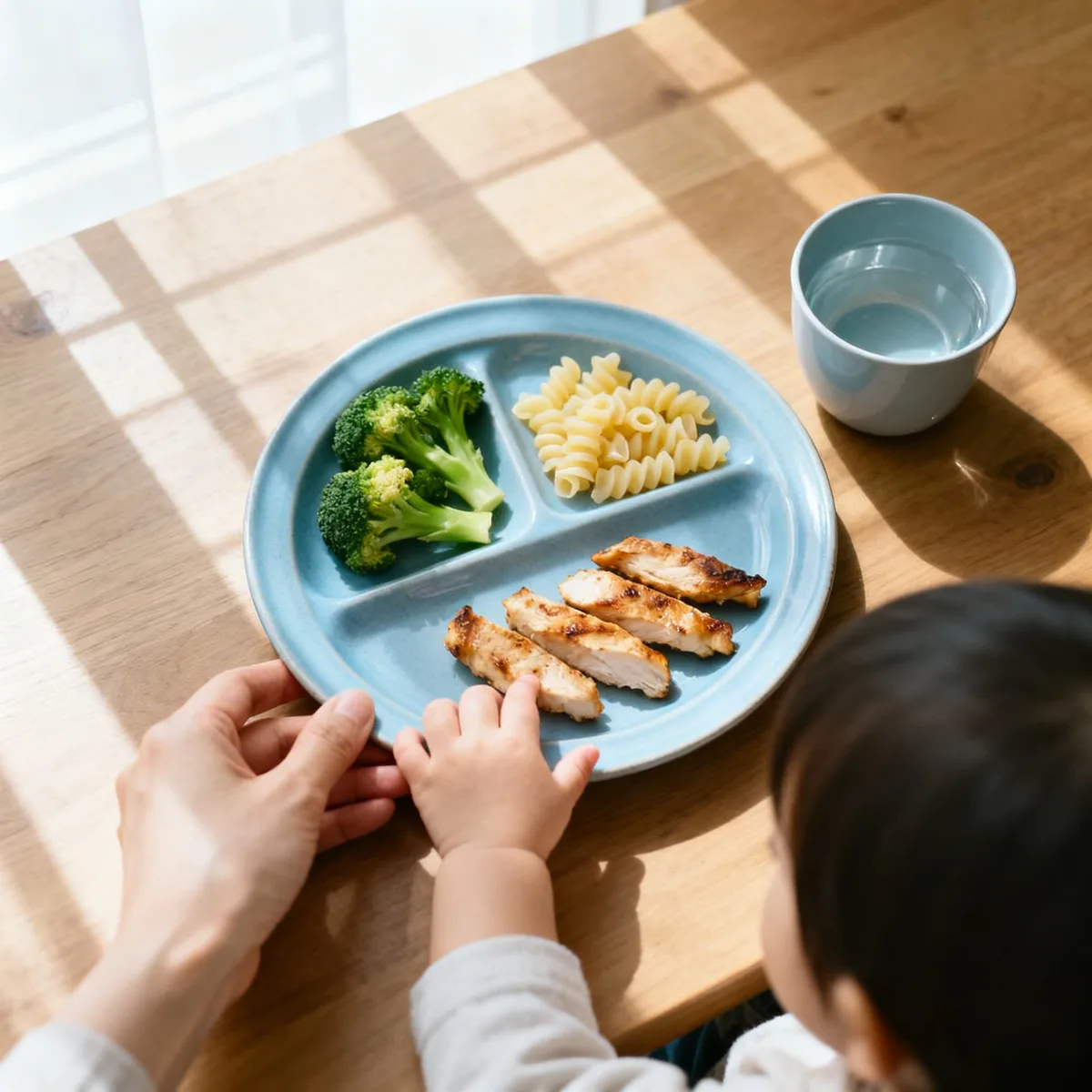 Korean mother and toddler at dining table with separated toddler meal ideas for picky eaters