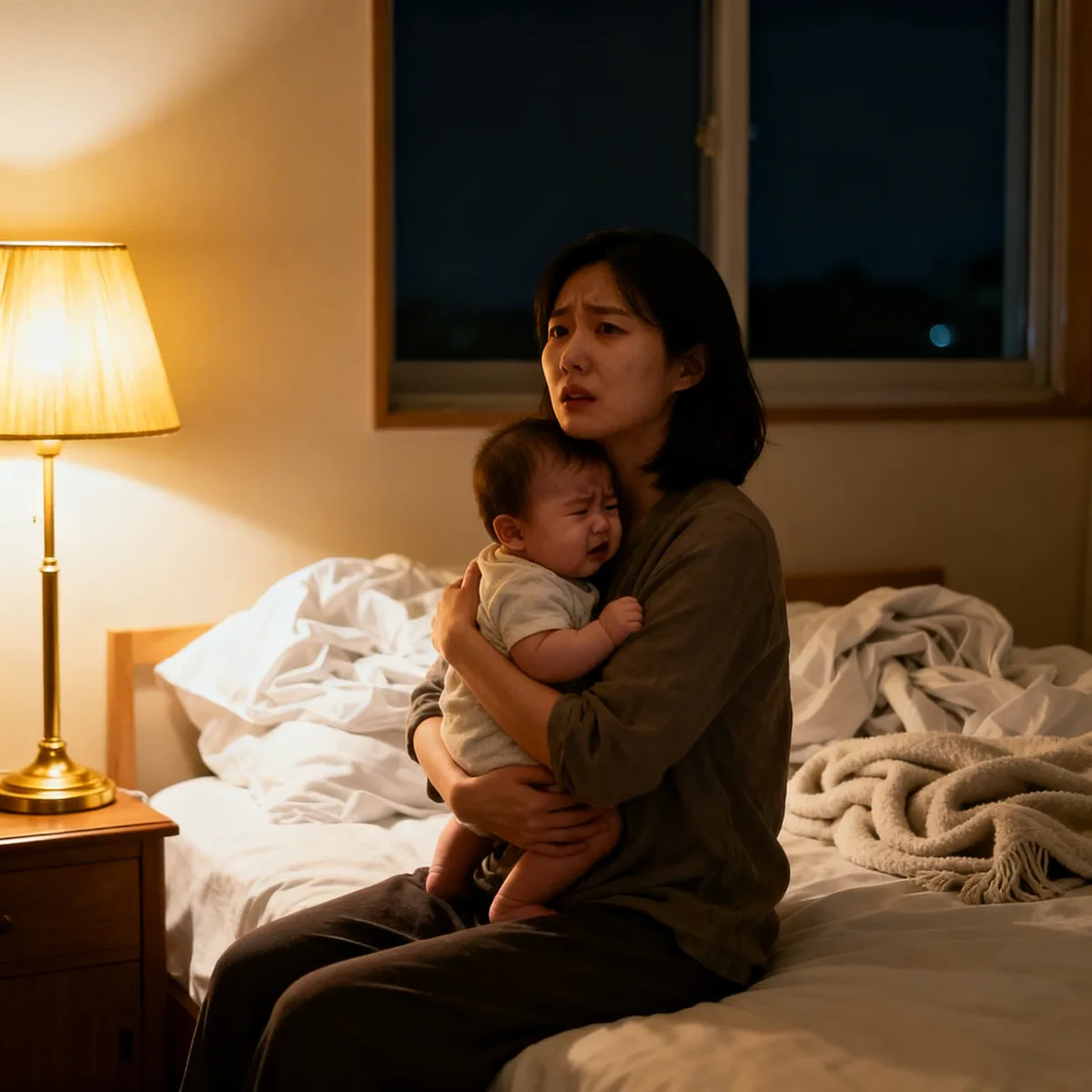 Tired Korean mother holding fussy 9-month-old at night, showing sleep regression signs