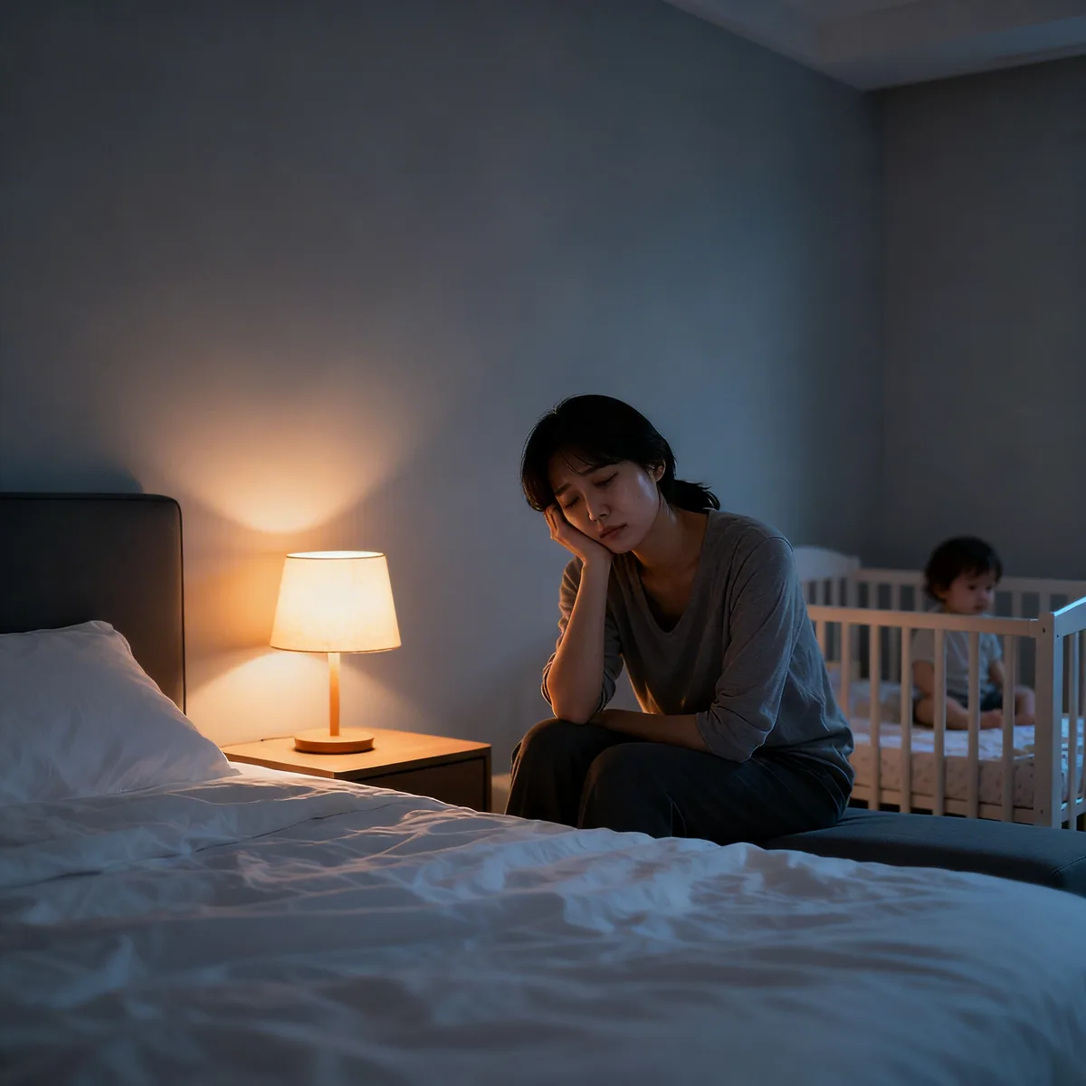 Tired Korean mother at 2am during 18 month sleep regression toddler struggles