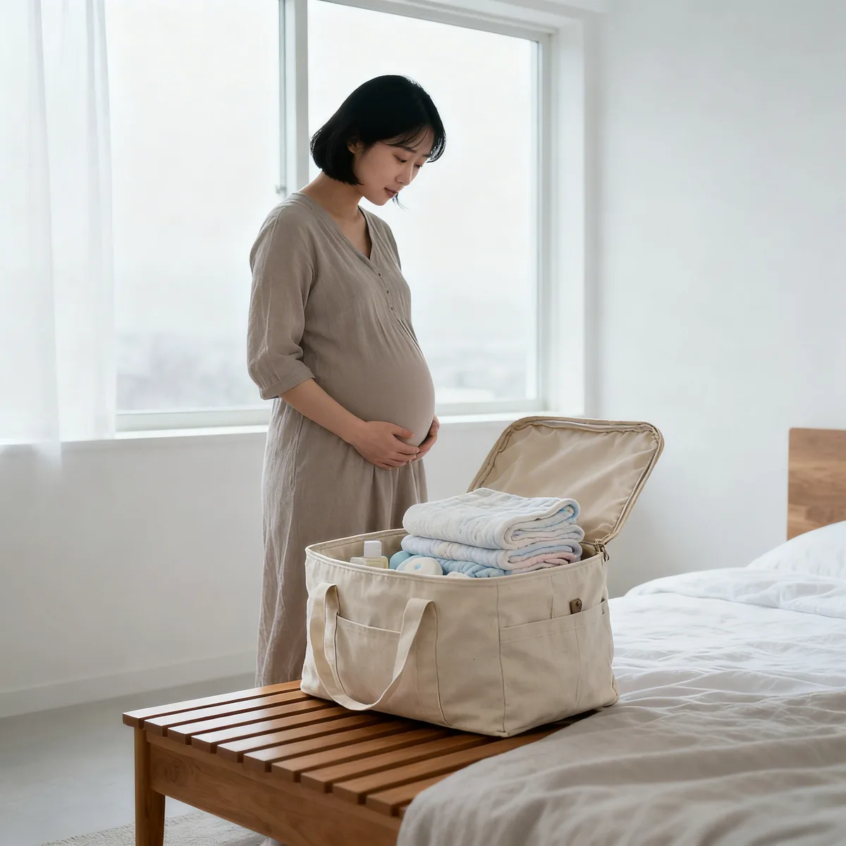 Pregnant Korean mother preparing hospital bag in bright bedroom with essentials