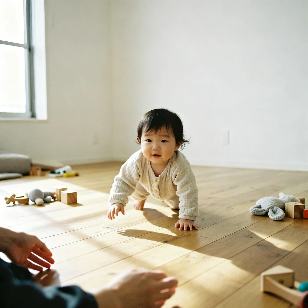 15-month-old toddler taking first steps with parent support indoors