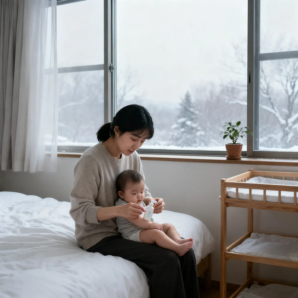 Korean mother moisturizing baby's dry skin on winter afternoon near window