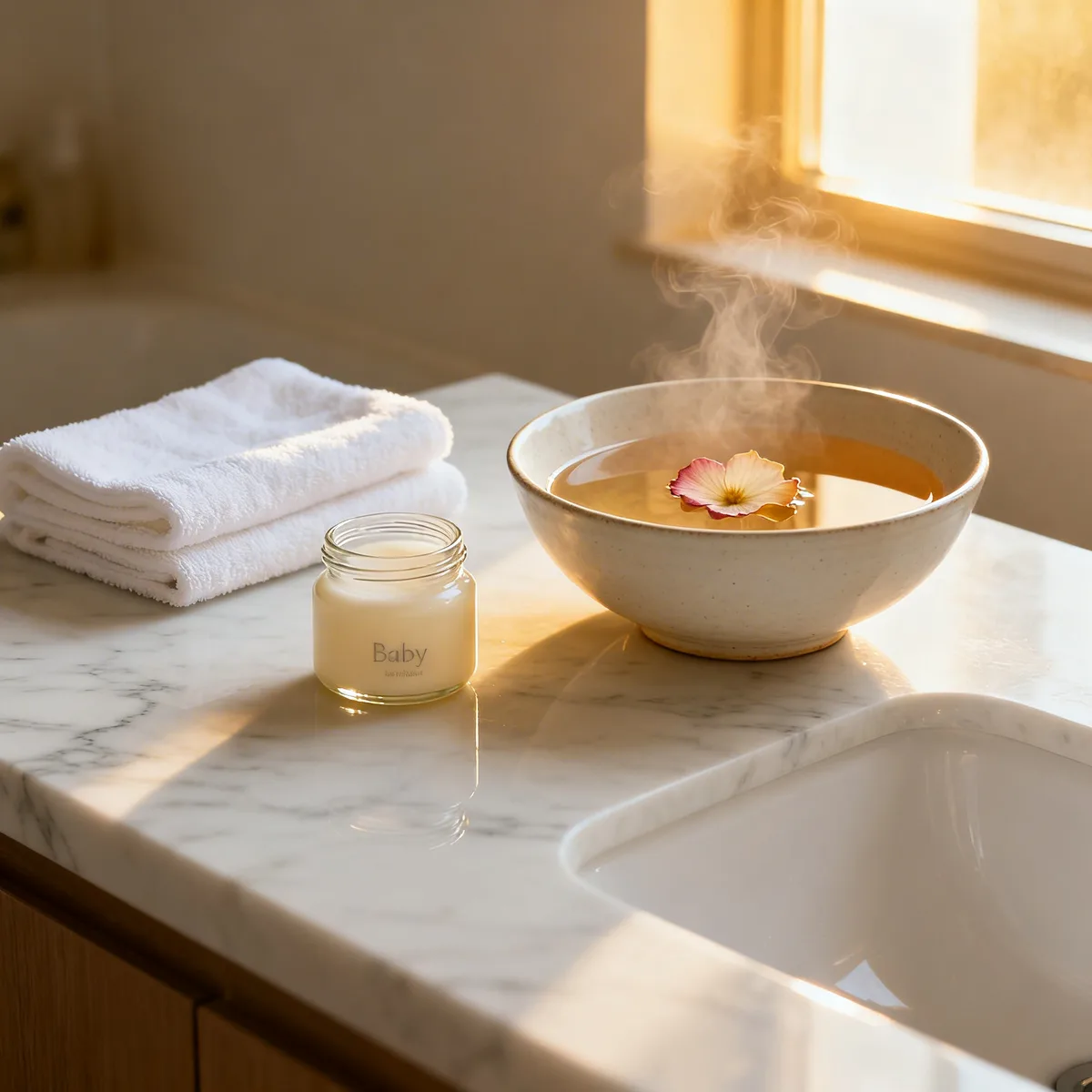 Baby lotion bottle on marble bathroom counter with skincare essentials and warm water