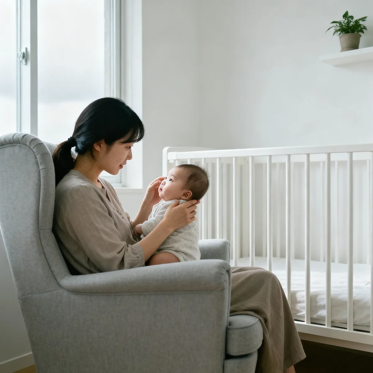 Korean mother examining baby's eyes in nursery for signs of pink eye in babies