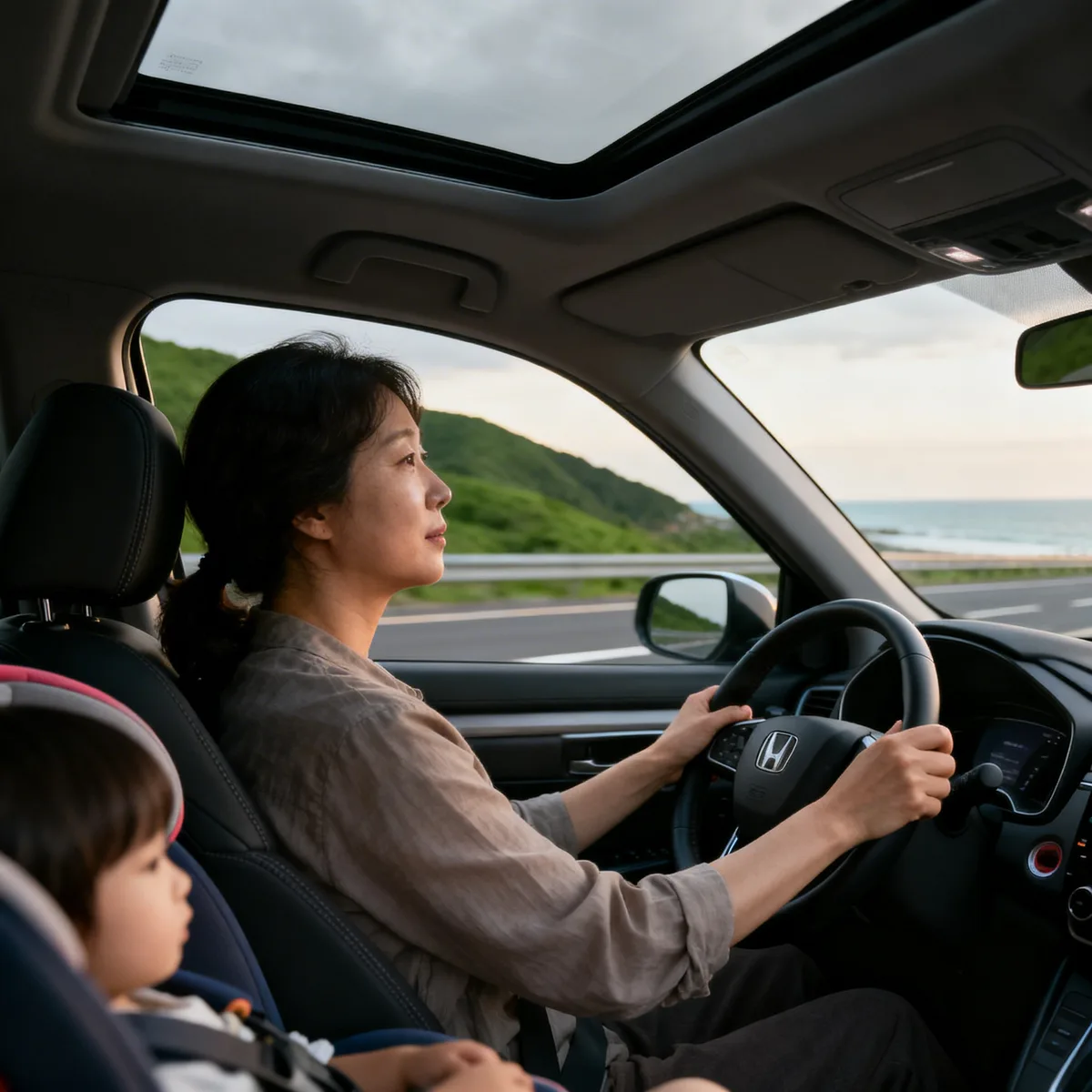 Korean mother driving on a highway during a road trip with toddler, mountains or coast visible ahead