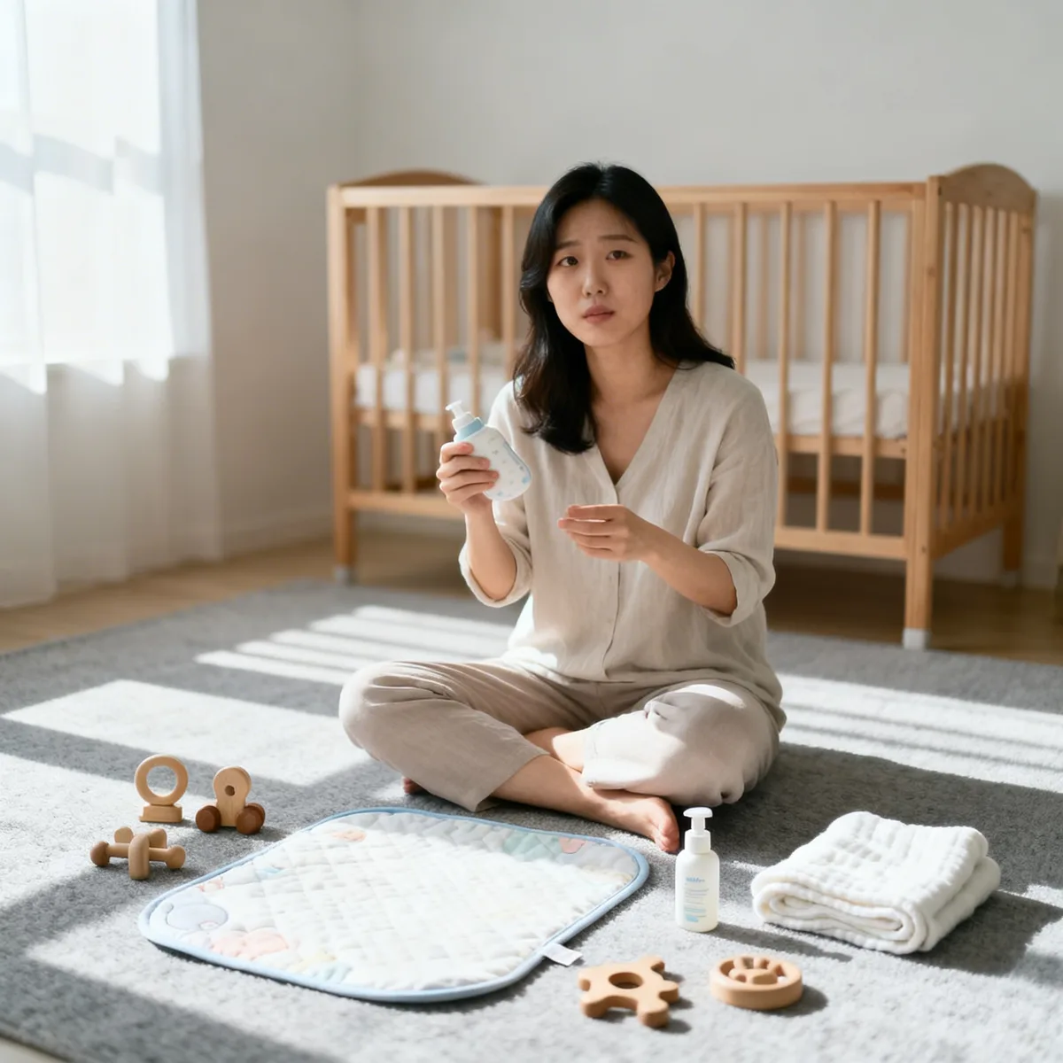 Korean mother reviewing baby registry items on nursery floor with morning light